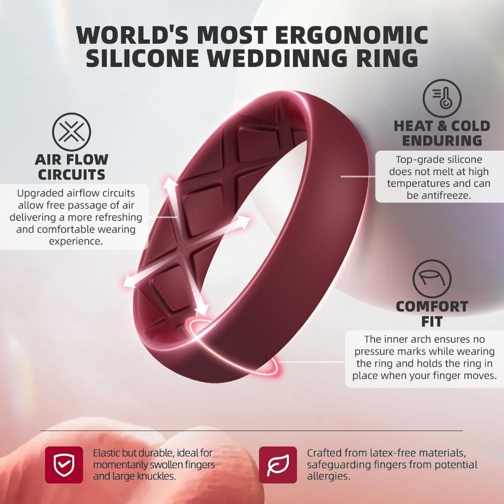 Women's Wedding Bands, Silicone Stacking Rings for Her, Rubber Inner Arc Ergonom - Picture 2 of 5